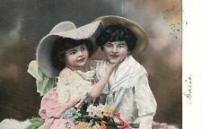 Vintage Postcard 1912 Young Girls Dressed Up with Flowers Victorian Card Embosse picture