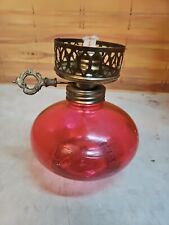 Antique Red Glass Oil Lamp w/ Brass Wick Fixture; Bubbles in Glass picture