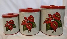 Vintage 60's  Decoware Tin Kitchen Canister Set of 3 Red Hawaiian Lilly Pattern picture