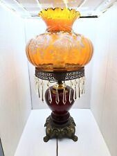 Vintage Victorian Amber Glass 3 Light Globe Hurricane Lamp W/ Crystal Tassles  picture