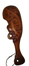 Vintage New Zealand Maori War Club Carved Wood Paua Shell Accents Native Art picture