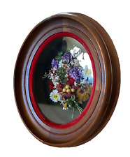 Antique Oval Wooden Felt Deep Shadow Box Faux Floral Glass Frame Vtg Wall Decor  picture