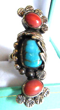 Vintage RARE Signed 'B Chavez' Navajo Blue Turquoise Coral Carved Sterling Ring picture