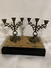 Set of 2 Vintage Brass Candlestick Holders, 3 Arm Candlestick Holder, Italy picture