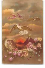 French-Tinted Real Photo-Fantasy-Angel-Cornucopia-Stork-Babies-Antique Postcard picture