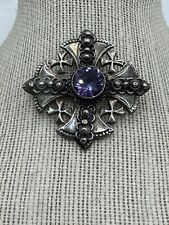 Vintage Jerusalem Cross Brooch Pin Pendant 900 Silver Purple Sapphire Stone picture