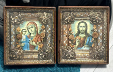 Antique wedding icons Christianity Orthodox Ukrainian lithograph in wooden frame picture