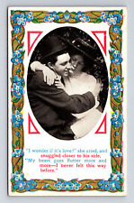 New Love Snuggle Heart Flutter Romance Man & Woman Couple Flower Border Postcard picture