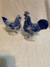 Delft Style Blue & White Porcelain Rooster/Hen Figurine Set picture