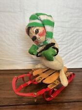 1992 Annalee Christmas Mouse 7720 Sled Sledding Green Striped Hat Mobilitee picture