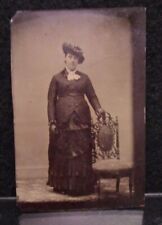 * Tintype Antique Full Body Portrait of Woman w Hat & Mourning Dress 1860s 1880s picture