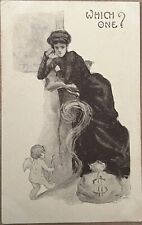 Pretty Lady Cupid Love or Money Artist Signed Antique Postcard c1910 picture