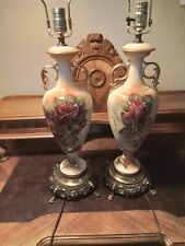 Pair of Rose Floral Porcelain Table Lamp Vintage Victorian Urn picture