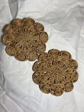 Vintage Straw Raffia Rattan Woven Trivets Pair Boho Woven Coiled Floral picture