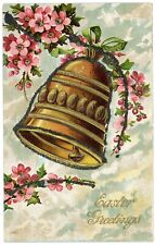 Vintage Postcard Easter Greetings Gold Bell Pink Apple Blossoms # 300 picture