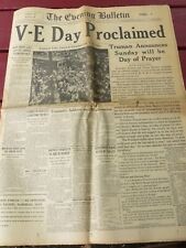 WWII V-E DAY PROCLAIMED MAY 8 1945 THE EVENING BULLETIN PHILADELPHIA NEWSPAPER picture