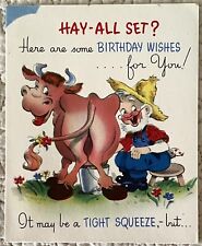 Unused Birthday Old Farmer Tight Squeeze Milk Cow Vtg Greeting Card 1940s 1950s picture