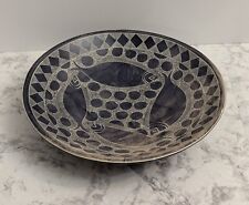 African Hand-carved Soapstone Bowl W/Fish And Geometric Pattern Blk&White 12.5'' picture