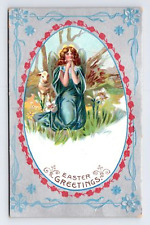 Postcard Silver-Toned Cameo Border Happy Easter Angel Sheep Lily Germany Flowers picture