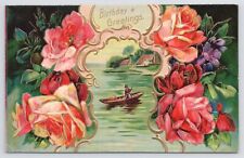 Bright Bold Glossy Pink Roses~Man Poles Boat On Lake~Emb~Germany~1909 Postcard picture