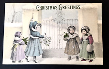 Beautiful Antique Christmas Greetings PC Victorian Girls at Gate Vienna picture