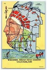 c1940 Indian Head Country Vacationland Route Map Wisconsin WI Unposted Postcard picture
