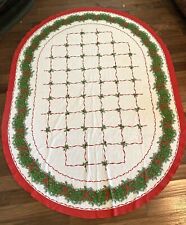 Vintage Christmas tablecloth red green holly oval 79 x 59