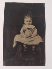 Antique 6th Plate Western Tintype Photo Very Young Dress Girl Mad Look Portrait picture