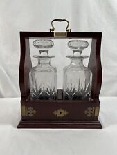 Vintage English 2 Crystal Bottle Oak Tantalus Decanter Set NO KEY READ picture
