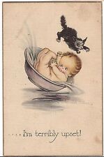 I'M TERRIBLY UPSET Baby In Bath Spilled by BLACK CAT Postcard Linen Feel 1921 picture