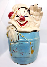 McCoy Cookie Jar Clown Barrel Waving Vintage Smiling Ceramic Circus Blue Red picture