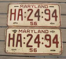 Vintage Matching Pair of 1956 Maryland License Plates HA:24:94 picture