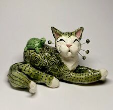 Amy Lacombe Green Cat With Piggy Back Tiny Turtle Figurine Vintage Estate picture