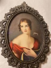 Vintage Signed Miniature Portrait Of A Lady In France. Oval Bronze Frame. Signed picture