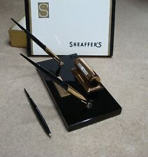 Vintage SHEAFFER Dual 14k gold Fountain Pen black marble desk set calendar & box picture