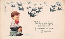 Antique Birthday Card Birds Swallows Saw-wings Boy Wooden Stool Vtg Postcard B4 picture