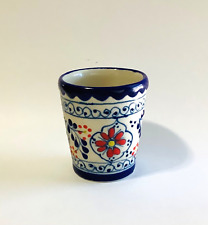 Pottery Hand Painted Shot Glass Blue Red Teeny Cup 2.5 in 