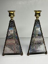Leona Fein Artist Signed Vintage Judaica Shabbat Candle Holder Set of 2 picture