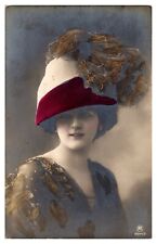 1911 Hand Tinted RPPC Featuring a Pretty Lady with Red Feathered Hat - Belgium picture