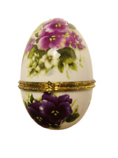 Vintage Porcelain Egg Trinket Box Purple Flowers Hand Painted 4-inch Ring Dish picture