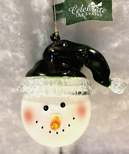 Vintage Frosted Glass Snowman Acrylic Green Santa Hat Christmas Ornament 3.5