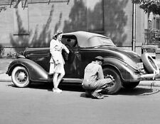 1942 Changing a Tire for a Stranded Girl Vintage Old Photo 8.5
