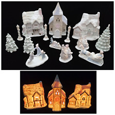 VTG 1991 LIGHTED HAND-PAINTED PORCELAIN Dickens Christmas Village Complete 14 pc picture