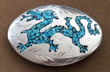 VTG Asian Dragon Turquoise Inlay Handcrafted Silver Harley Biker Art Belt Buckle picture