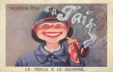 French Soldier  Smoking Pipe Huge Smile Winning World War I Propaganda Postcard picture