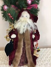 SANTA CLAUS DOLL HAND MADE CHRISTMAS MOHAIR HAIR VELVET RED CAPE PAINTED FACE  picture