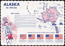 Vintage placemat ALASKA Our 49th State pictured with US flags and totem pole picture