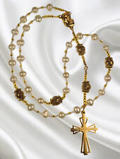 Anglican Rosary, Handmade Freshwater Pearls, Gold Plated Lava Rock Beads picture