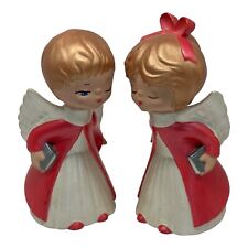 Vintage Ceramic Kissing Pair Angels Hand Painted Book Red & Beige 7.5” picture