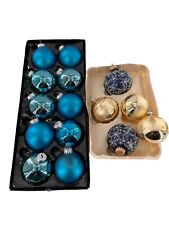 15 Vtg Christmas Holiday Time Glass Bulb Ornament Blue Frosted Snowflake Balls picture